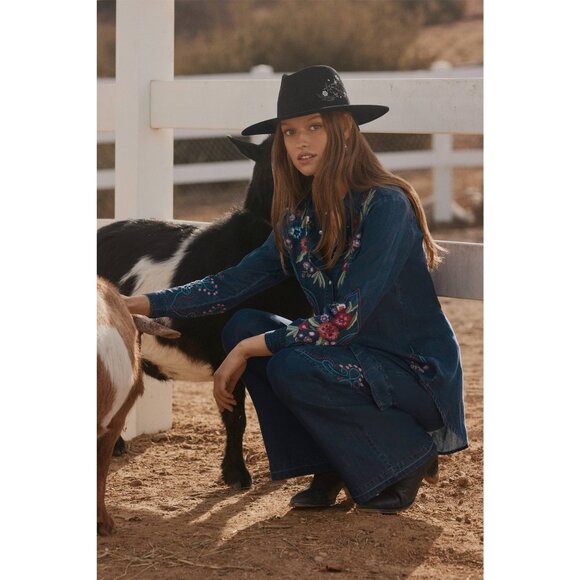 Johnny Was Button Jean Oversized Shirt Dita Floral Embroidery Denim Blue Top NEW - Picture 1 of 7